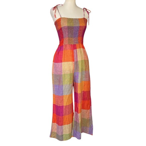 Anthropologie dRA Los Angeles Smocked Madras Plaid 100% Linen Jumpsuit Size Med - Picture 1 of 9